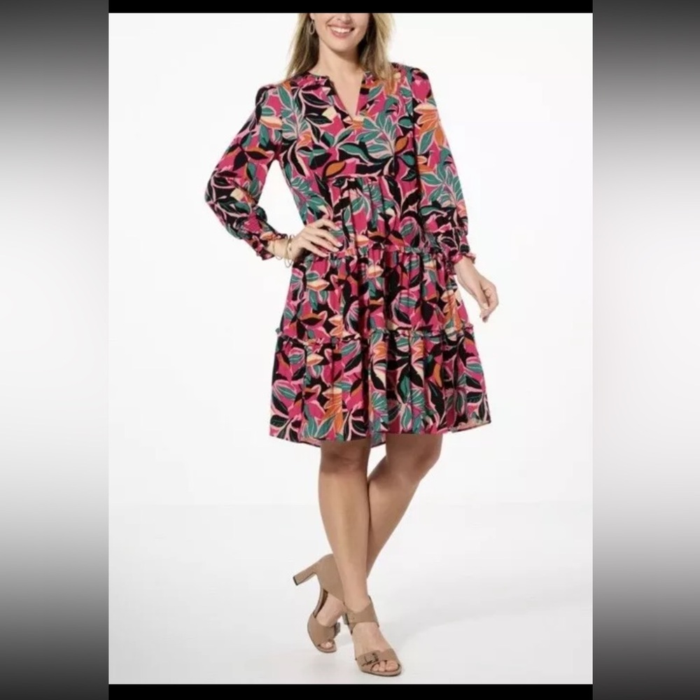G by Giuliana Pink and Red Peplum Sundress with Bishop Sleeves
